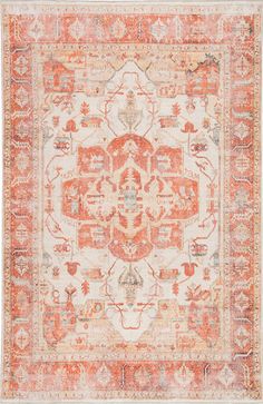 an orange and white rug with ornate designs on the bottom, in front of a white background