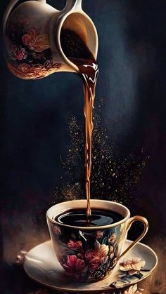 a painting of coffee being poured into a cup