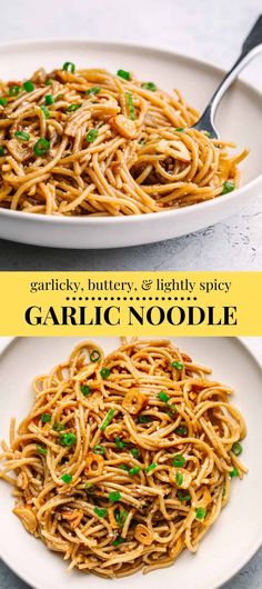 garlic noodle noodles in a white bowl with a fork