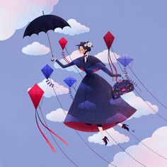 a woman flying through the air while holding an umbrella and some kites in her hand