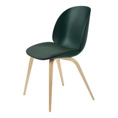 a green chair with wooden legs and an upholstered seat, on a white background