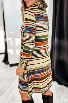 Striped Turtleneck Long Sleeve Shirt Mini Dress with Pocket Casual Long Sleeve Striped Mini Dress, Casual Striped Mini Dress For Fall, Casual Striped Long Sleeve Midi Dress, Casual Long Sleeve Striped Midi Dress, Casual Striped Midi Dress For Fall, Striped V-neck Mini Dress For Fall, Striped V-neck Dress For Fall, Striped Long Sleeve Dress For Fall, Multicolor Shift Dress For Fall