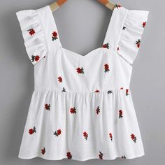 Shein Ruffle Trim Floral Embroidered Babydoll Top Peplum, Baby Doll Style Top With Small Embroidered Daisies, Or Some Kind Of Flower Size Xl, Nwot, As You Know If You Buy Shein Items, Most Things Do Not Come With Tags. This Top Has Never Been Worn! Pit To Pit- Approx 20.5 Inches Length- Approx 23 Inches White Peplum Top Outfit, Simple Frock Design, Simple Frocks, Sleeveless Peplum Top, Fashion Top Outfits, Modest Dresses Casual, Fashion Tops Blouse, Trendy Fashion Tops, Quick Outfits