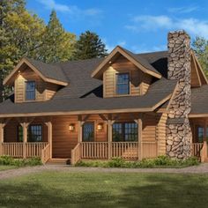 a log home with stone pillars and porches