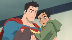 a man and woman are hugging each other in the animated version of superman returns to earth