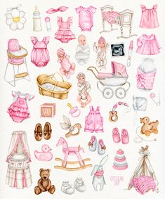 a watercolor drawing of baby girl items