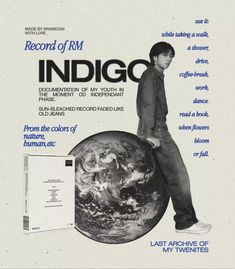 an advertisement for the record of r & m indigoo, featuring a man standing next to a book