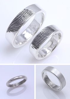 two rings with fingerprints on them, one is white gold and the other is silver