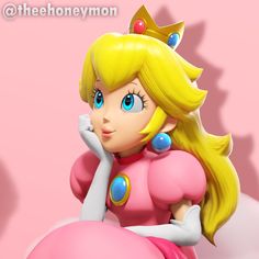 the princess peach from mario kart is posing for a photo in front of a pink background