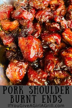 pork shoulder and burnt ends in barbecue sauce with text overlay that reads pork shoulder and burnt ends