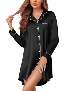 PRICES MAY VARY. 【Silk Pjs Material】This silk satin nightgown is made of 96% Polyester, and 4% Other Fibers. Soft, breathable, and skin-friendly nightshirt for women, perfect for sleeping or lounging at home. 【Boyfriend Nightshirt Style】Sleep shirts for women, Boyfriend nightshirts, Feature with notch collar, V neck button front, one chest pocket with contrast piping, knee length, and curved high-low hem design. The button down nightgown for women is easy to put on and take off, perfect for nurs Satin Long Sleeve Nightgown For Loungewear, Long Sleeve Satin Sleepwear For Spring, Satin Long Sleeve Nightgown For Sleepover, Long-sleeve Satin Nightgown For Sleepovers, Long Sleeve Satin Nightgown For Sleepovers, Satin Long Sleeve Sleepwear For Night, Summer Satin Nightgown For Home, Long Sleeve Satin Sleepwear For Night, Long Sleeve Buttoned Sleepwear For Pajama Party