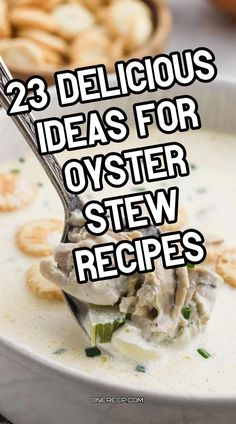 a spoon full of food with the words 23 delicious ideas for oyster stew recipes