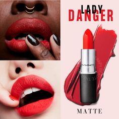 **New In Box** Expires 11/24 Fullsize Matte Finish Creamy Vivid Bright Coral-Red Hydrating Full-Coverage Long Wear 8hrs Mac Red Lipsticks, Mac Lady Danger, Matte Lipstick Colors, Lady Danger, Makeup Mac, Lipstick Color, Mac Makeup, Coral Red, Lipstick Colors