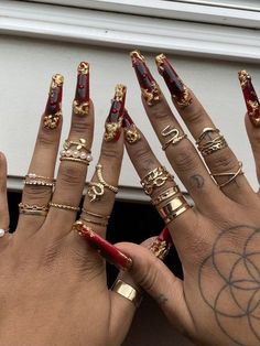 Red Jewelry Aesthetic, Red Junk Nails, Junk Nails Bling, Red And Gold Nails, Junk Nails, Dope Jewelry Accessories, Spring Nail Designs, Grunge Nails, Brighter Days