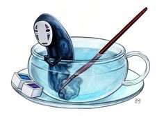 a drawing of a cartoon character sitting in a tea cup with chopsticks sticking out of it