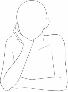 a line drawing of a person holding their hand up to their face and looking down