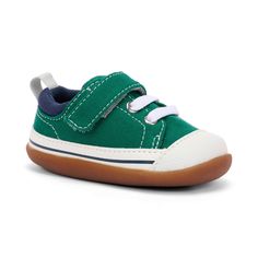 Stevie (First Walker) Green | See Kai Run Comfortable Low-top Green Walking Shoes, Comfortable Green Canvas Shoes With Round Toe, Casual Green High-top Walking Shoes, Sporty Green Canvas Shoes With Round Toe, Casual Green Walking Shoes With Rubber Sole, Sporty Breathable Sneakers For Playtime, Casual Green Non-slip Sneakers, Green Canvas Sneakers Comfortable Style, Sporty Breathable Sneakers For Casual Wear