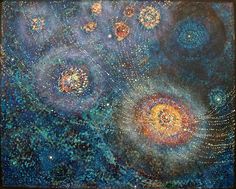 an abstract painting with blue, yellow and orange circles in the center surrounded by stars