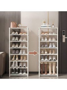 two shelving units with shoes on top and bottom shelves in the same room, one has