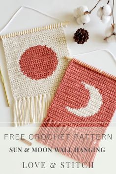 two crocheted wall hangings with the text free crochet pattern sun and moon wall hanging love & stitch