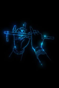 a hand holding a pipe with blue lights on it in front of a black background