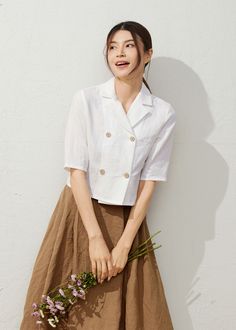 White Blouse With Lapel Collar For Summer, White Summer Blouse With Lapel Collar, White Lapel Collar Blouse For Summer, White Lapel Collar Top For Summer, White Summer Top With Lapel Collar, White Blouse With Lapel Collar And Buttons, White Blouse With Buttons And Lapel Collar, White Linen Top With Collared Neckline, Summer Office Shirt With Lapel Collar