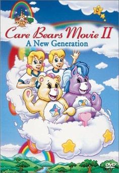 the cartoon bears are flying in the sky with rainbows and clouds behind them,