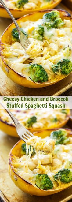 two pictures showing the steps to make cheesy chicken and broccoli stuffed spaghetti