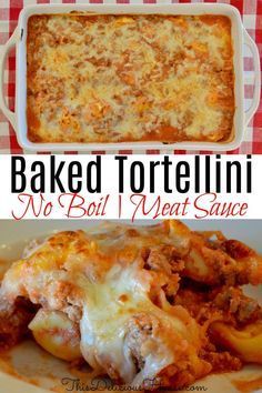 baked tortellini with meat and cheese in a casserole dish on a checkered tablecloth