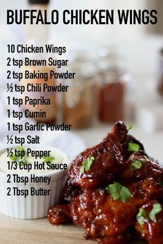 the recipe for buffalo wings is shown on a cutting board