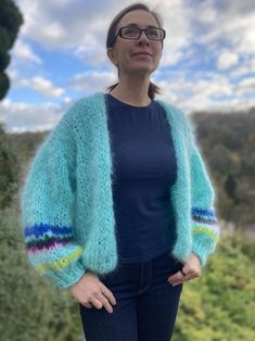 Handmade mohair aqua blue cardigan with balloon sleeves