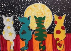 three cats sitting on a fence looking at the moon and stars in the night sky