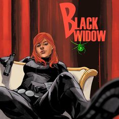 a woman sitting on top of a white couch in front of a red wall with black widow written on it