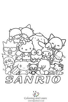 the sanrio coloring page is full of cartoon animals and letters that read sanrio