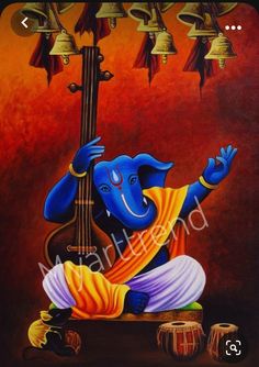 an oil painting of a blue ganeshi playing the sitaram music instrument