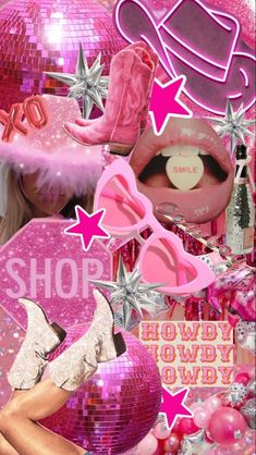 a collage of pink and silver items including shoes, hats, and other things