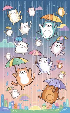 an image of cats in the rain with umbrellas