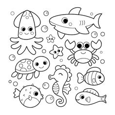 sea animals and fish coloring pages for kids to print out on the wall or use as an applique