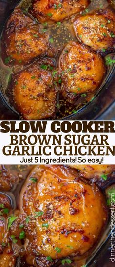 slow cooker brown sugar garlic chicken in a crock pot with text overlay