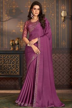 Larissa Bonesi Purple Color Satin Silk Fabric Ravishing Border Work Sa Anarkali Lehenga Gowns, Border Motifs, Contemporary Saree, Purple Border, Anarkali Lehenga, Purple Saree, Simple Sarees, Wedding Saree Indian, Trendy Sarees