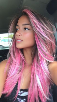 Pink Balayage Highlights, Maroon Blonde Hair, Fun Colored Hair Ideas, Light And Dark Pink Hair, Pink Hair Dye Ideas, Brown Hair Pink Highlights, Brown Hair With Pink Highlights, Fuschia Hair, Highlight Inspiration