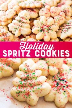 holiday spritz cookies are on display with the words, holiday sprinz cookies