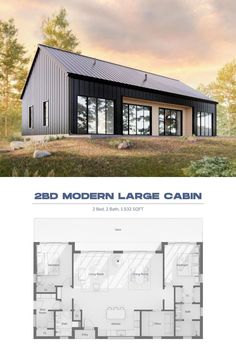 the floor plan for this modern cabin is shown in blue and white, with two large windows