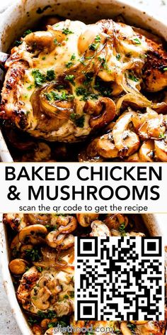 baked chicken and mushrooms in a casserole dish with qr code to get the recipe