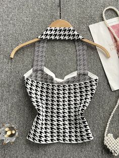 Ebeek - Houndstooth Pattern Halter Top - A Stylish and Versatile Addition to Womens Casual Wardrobe Fitted White Houndstooth Top, Plaid Vest, Houndstooth Pattern, Womens Casual, Top For Women, Casual Shirt, Casual Wardrobe, Halter Neck, Halter Top