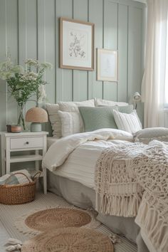 Calming bedroom featuring pastel green accent wall and soft decor. Green Bedroom Wall, Seafoam Green Bedroom, Mint Green Room, Green Room Design, Girls Bedroom Green, Light Green Bedrooms, Green Girls Rooms, Mint Green Bedroom, Green Accent Wall