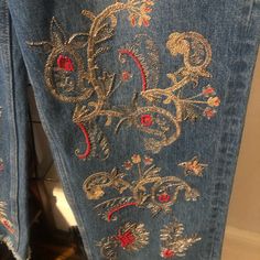 Beautiful Light Blue Embroidered Embroidered Jeans, Brand New Size Medium . Waist Measures 30 In Length 33 In. Culotte Style . Embroidered Blue Straight Leg Pants, Blue Embroidered Straight Leg Pants, Traditional Embroidered Blue Pants, Traditional Blue Embroidered Pants, Blue Bohemian Embroidered Pants, Bohemian Blue Embroidered Pants, Festive Bohemian Embroidered Bottoms, Embroidered Summer Festive Bottoms, Embroidered Festive Bottoms For Summer