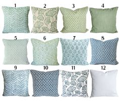 pillows with different patterns and sizes are shown in the image, along with numbers for each pillow