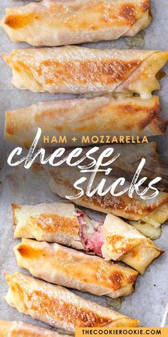 ham and mozzarella cheese sticks on a baking sheet with text overlay that reads ham and mozzarella cheese sticks