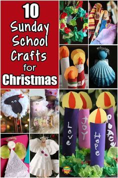 the top ten sunday school crafts for christmas is featured in this collage with colorful paper decorations